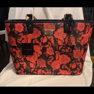 St John LARGE TOTE HANDBAG PURSE BLACK RED FLORAL